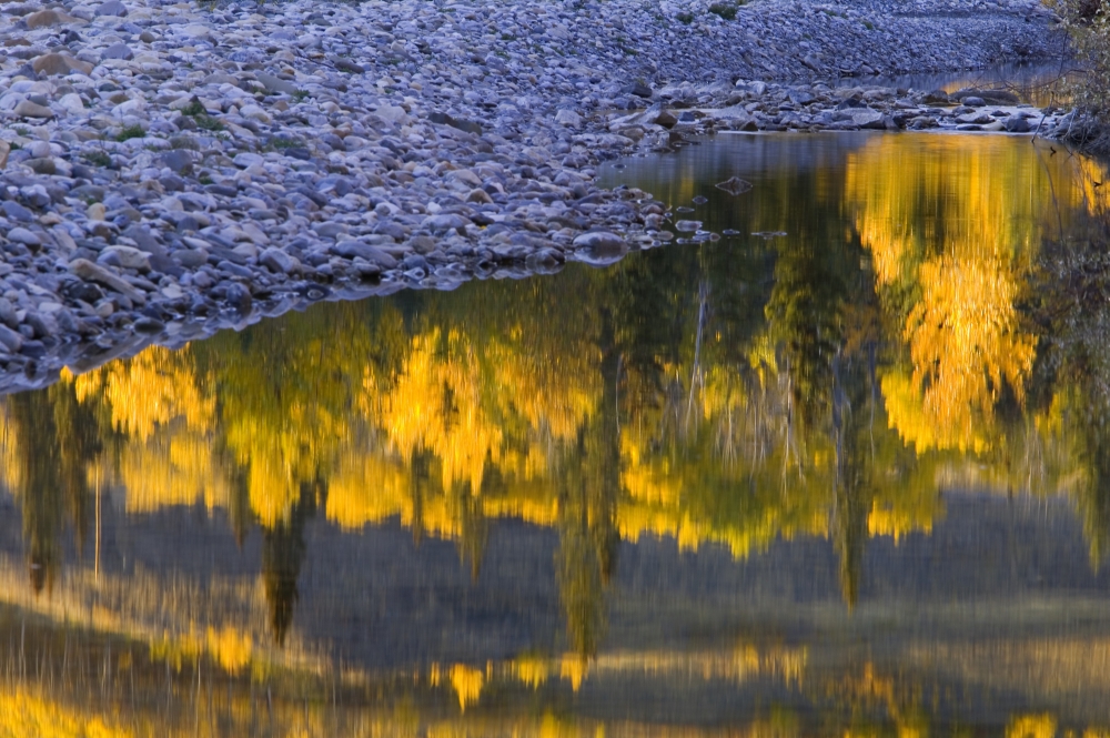 DPI1784110 Water Reflections with A Rocky Shoreline Poster Print by Carson Ganci, 17 x 11