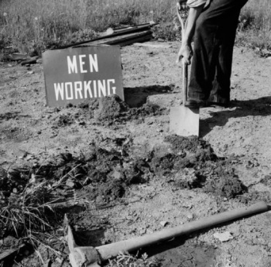 Low Section of Man Digging Ground Poster Print - 18 x 24 in.