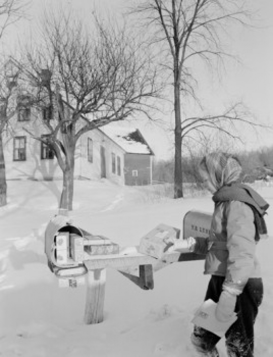 Young Woman Checking Mail Box Poster Print - 18 x 24 in.