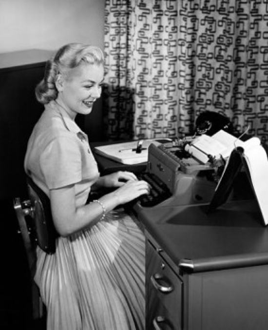 Side Profile of a Businesswoman Typing a Document on a Typewriter Poster Print - 18 x 24 in.