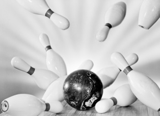 Bowling Ball Hitting Pins Poster Print - 18 x 24 in.