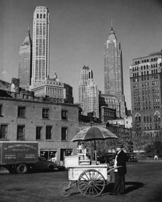 Man with a Push Cart in Front of Buildings New York City New York USA Poster Print - 18 x 24 in.