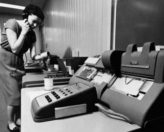 Female Transceiver Operator Preparing Punch Cards From Transmitted Data Poster Print - 18 x 24 in.