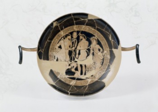 Kylix Vase-Three Figures-Barbaric Satyr with Kill in Left Hand Another Satyr & Menade Facing Him Ceramic Museo Poster Print - 18 x 24 in.