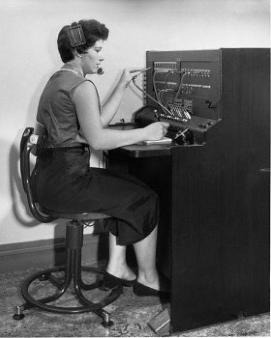 Side Profile of a Female Telephone Operator Operating a Telephone Switchboard Poster Print - 18 x 24 in.