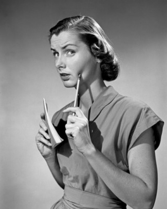 Thoughtful Young Woman Holding Pen & Notepad Poster Print - 18 x 24 in.
