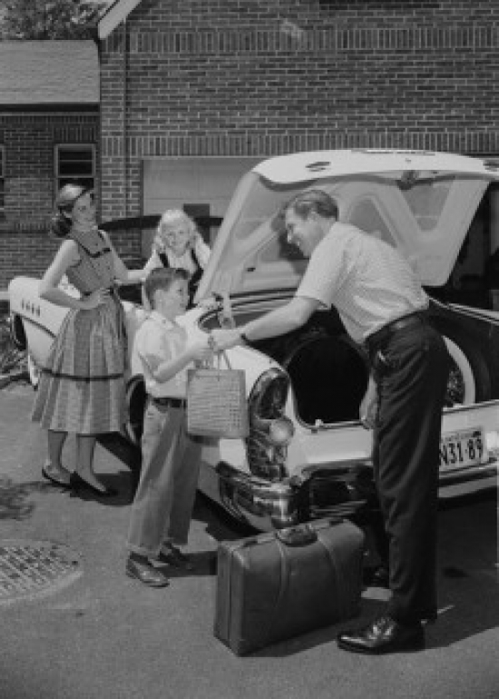 Parents with Children Loading Suitcases Into Car Poster Print - 18 x 24 in.
