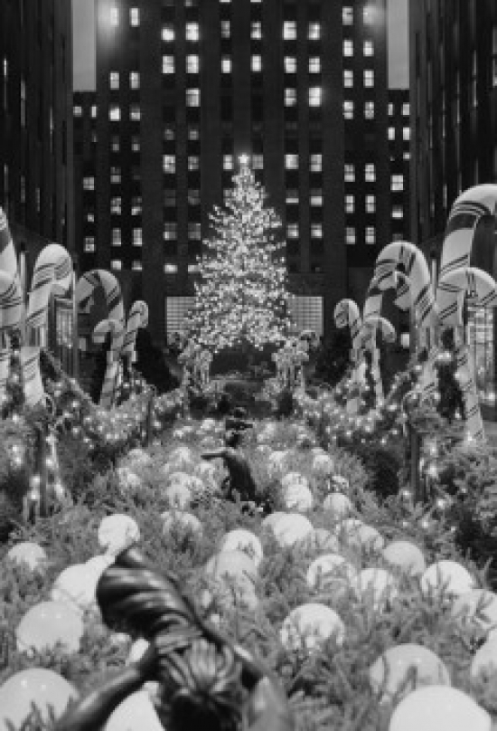 USA New York State New York City Christmas Decorations Plaza Hotel & Radio City in Background 1956 Poster Print - 18 x 24 in.