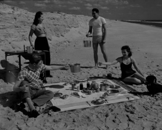 Young Couples Having Picnic on Beach Poster Print - 18 x 24 in.