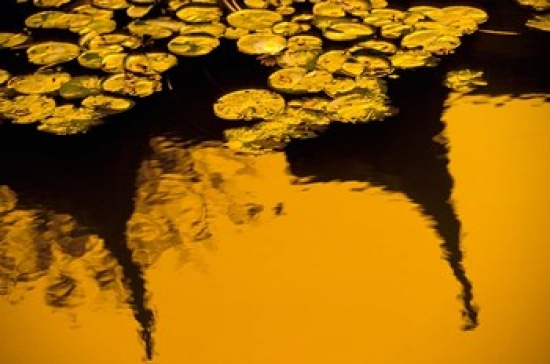 Lily Pond & Temple Reflection in Yellow China Poster Print by Walter Bibikow Danitadelimont - 35 x 24 in.