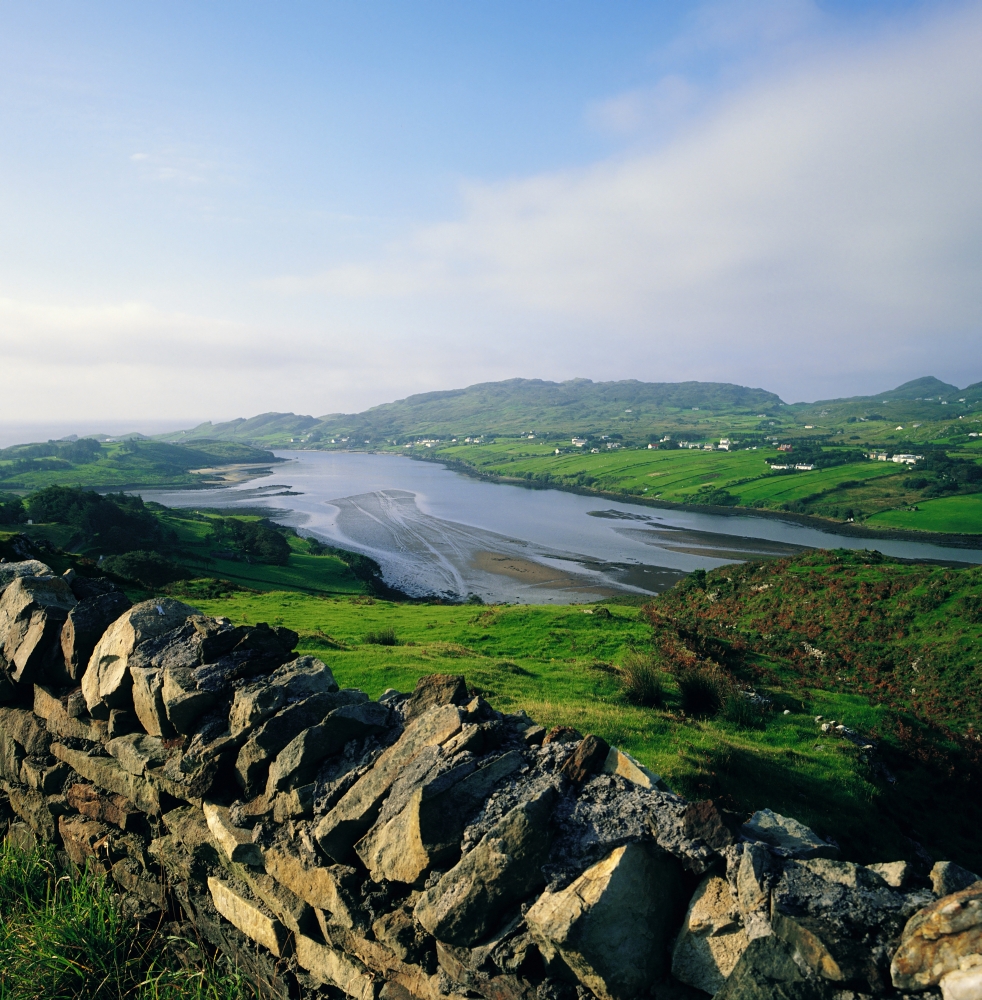 DPI1801838 Killybegs Co Donegal Ireland - Stone Wall with Landscape & Town Below Poster Print by The Irish Image Collection, 15 x 15