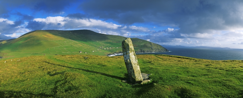 Stone On A Landscape Ogham Stone Dunmore Head Dingle Peninsula County Kerry Republic of Ireland Poster Print by The Irish Image Collection, 31 x 12