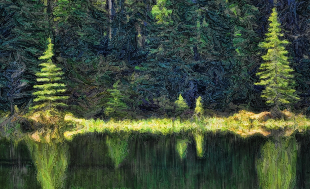 Abstract Painterly Style Reflection On Water Jasper National Park - Alberta Canada Poster Print by Ron Harris - 19 x 12