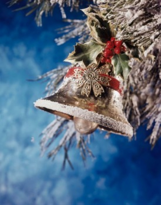 SAL49112925 Close-Up of a Bell with Holly Leaves & Berries Hanging on a Christmas Tree Poster Print - 18 x 24 in -  Posterazzi