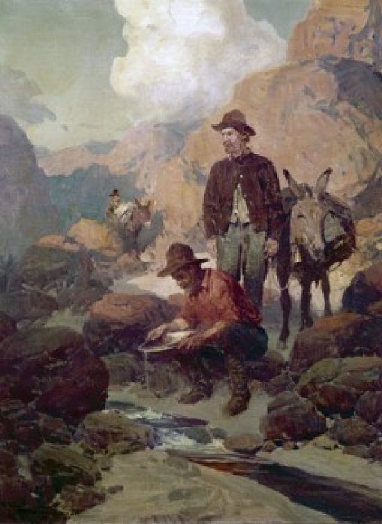 The Miners During the Gold Rush 1849 in California Ben Johnson B.20th C. American Poster Print - 18 x 24 in.