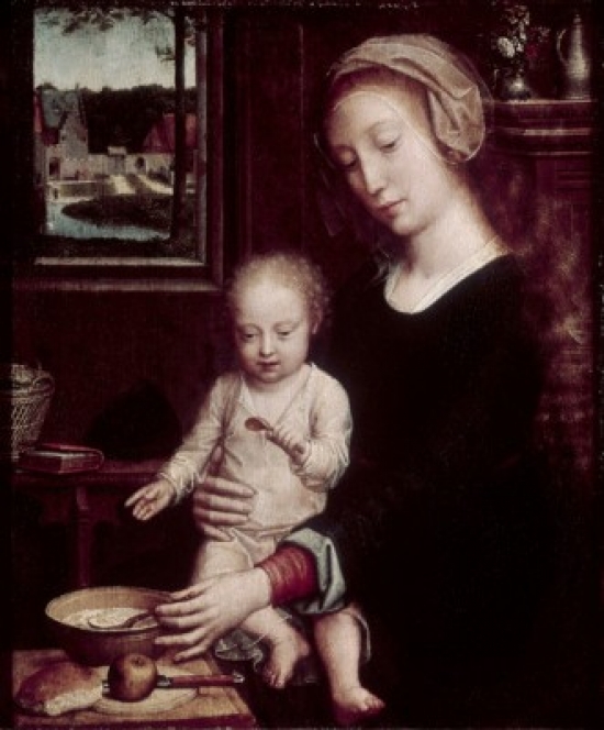 Madonna with Child Holding Spoon Gerard David 1450-60-1523 Netherlandish Poster Print - 18 x 24 in.