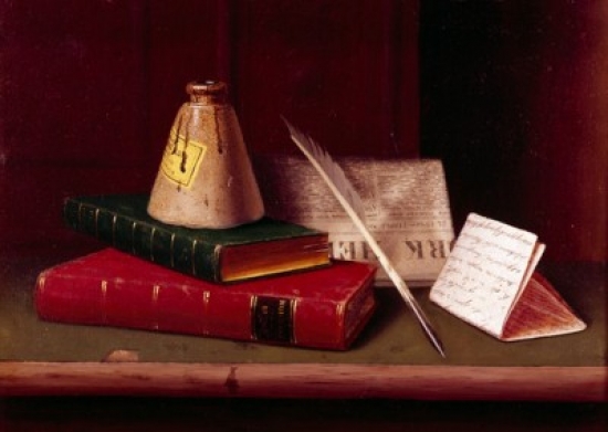 Still Life with New York Herald & Butlers Hudibras by William Michael Harnett 1848-1892 Poster Print - 18 x 24 in.
