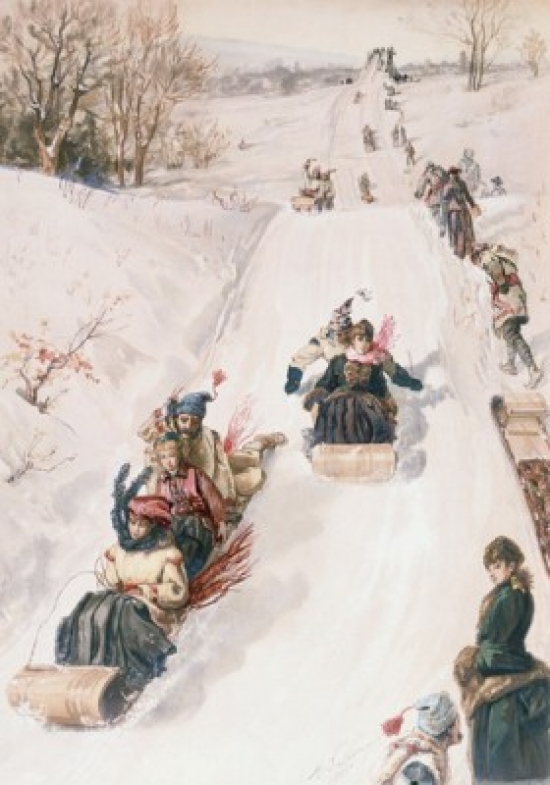 Tobogganing Ca. 1850 Artist Unknown Lithograph Poster Print