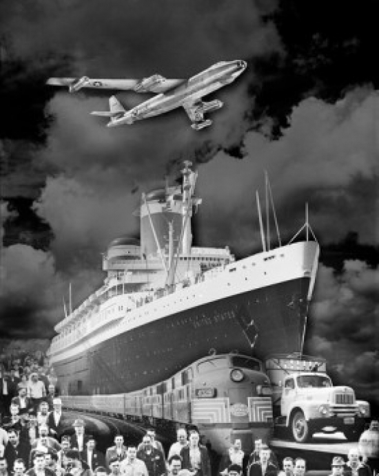 Illustration Representing Different Modes of Transport & People Against Cloudy Sky Poster Print - 18 x 24 in.