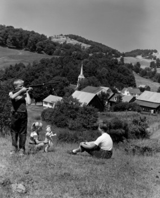 Children Playing on Hill Poster Print - 18 x 24 in.