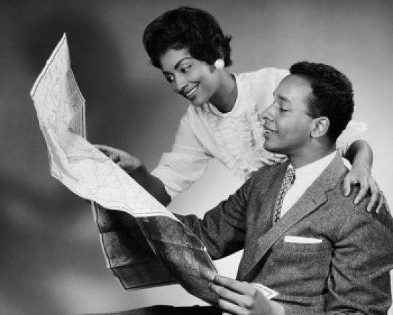 SAL2555331 Side Profile of a Young Couple Reading a Map Poster Print - 18 x 24 in.