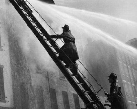Side Profile of Two Firemen Climbing a Ladder Towards a Burning Building Poster Print - 18 x 24 in.