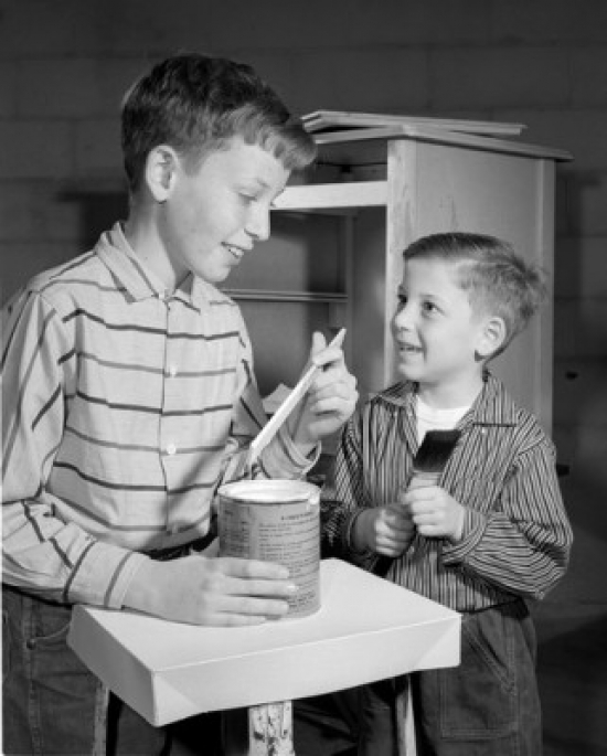 Two Boys Holding Paint Brushes in Home Poster Print - 18 x 24 in.