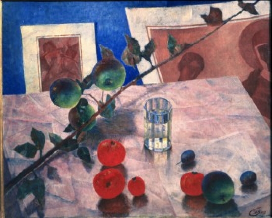 SAL261378 Still Life in Pink Branch of an Apple Tree 1918 Kuzma Petrov-Vodkin 1878-1939 Russian Tretiakov Gallery Poster Print - 18 x 24 in.