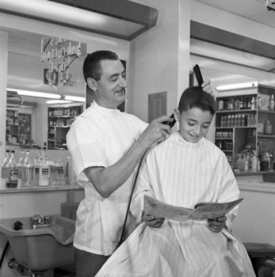Barber Shaving Boys Head Poster Print - 18 x 24 in.