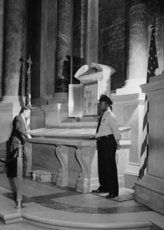 Museum Interior with Visitor & Guard Poster Print - 18 x 24 in.