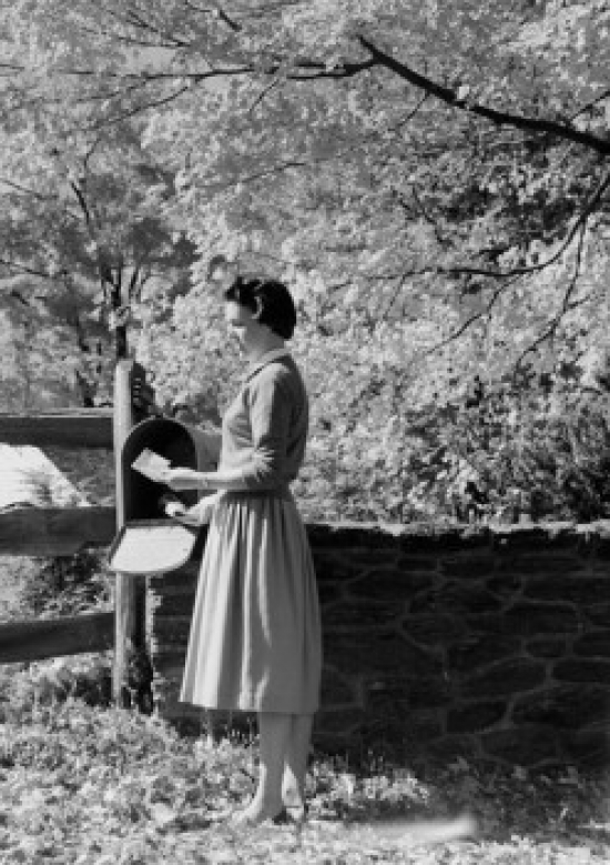 Woman Taking Letter From Mailbox Poster Print - 18 x 24 in.