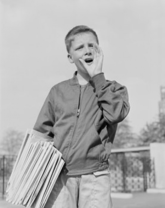 Paperboy Holding Newspapers Shouting Poster Print - 18 x 24 in.