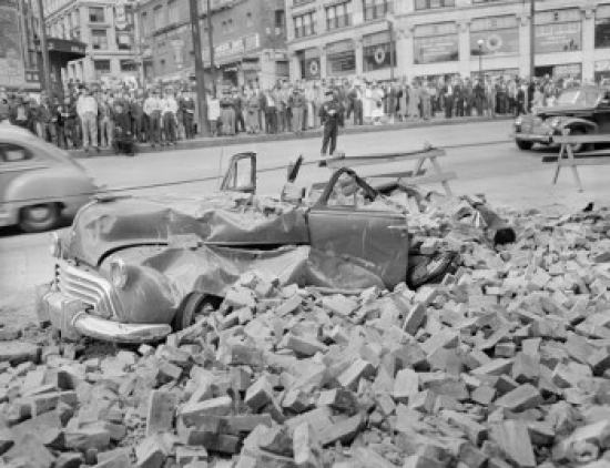 USA Washington Seattle Earth Quake Damage Car Demolished by Falling Bricks Poster Print - 18 x 24 in.
