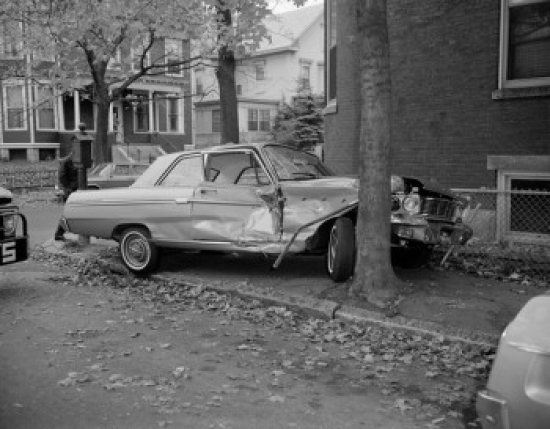 SAL255424827 USA Massachusetts Worcester 1965 Ford Crashed Into Tree Poster Print - 18 x 24 in.