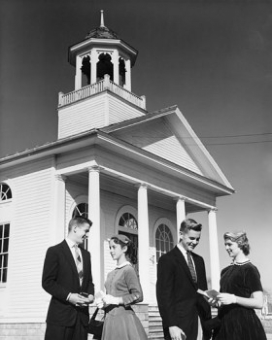 Two Young Couples Standing in Front of a Church Poster Print