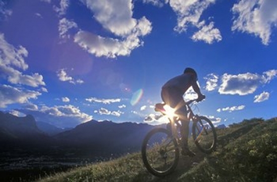 PDDCN01CHA0010 Mountain Biker at Sunset Canmore Alberta Canada Poster Print by Chuck Haney - 27 x 18 in.