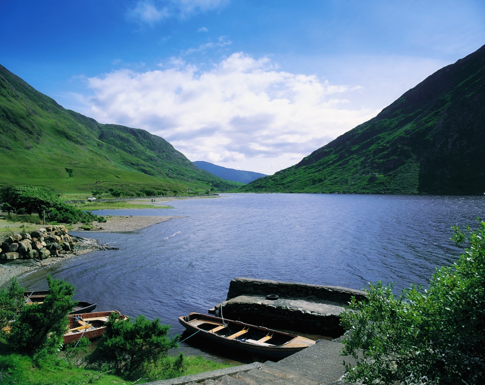 Doo Lough Delphi Co Mayo Ireland - Boats On The Edge of A Lake Poster Print by The Irish Image Collection - 17 x 13
