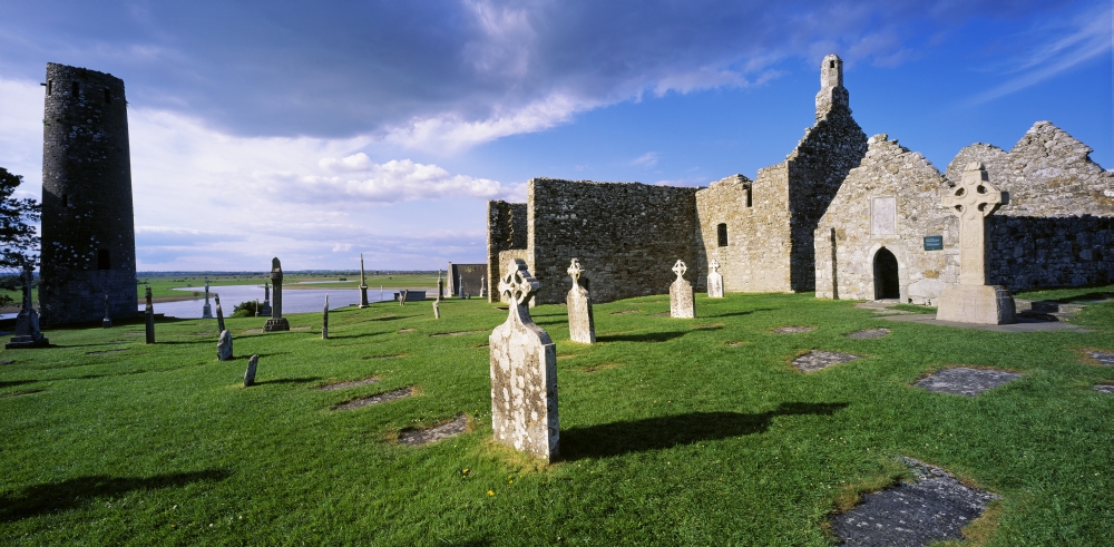 DPI1798868 Cemetery in Front of A Monastery Clonmacnoise County Offaly Republic of Ireland Poster Print by The Irish Image Collection, 28 x 14