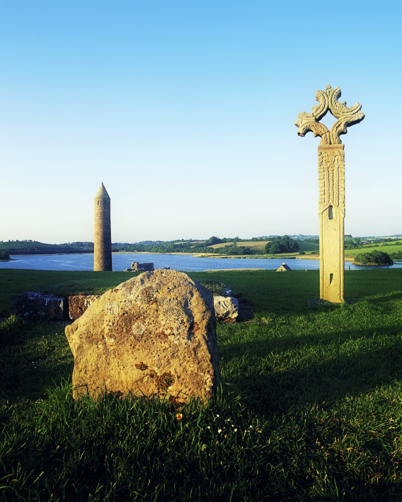 Devenish Island Co Fermanagh Ireland - High Cross & 12th Century Round Tower in The Distance Poster Print by The Irish Image Collection, 13 x 17