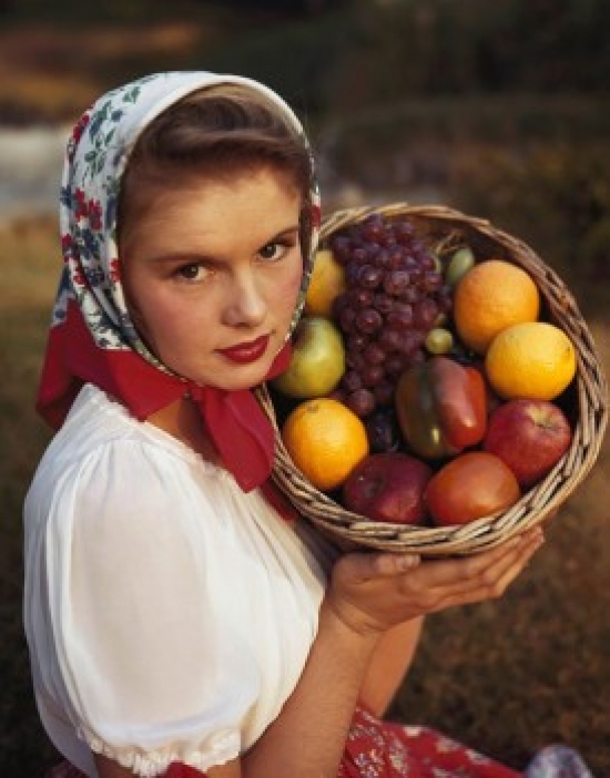 SAL31072910 Portrait of a Young Woman Holding a Basket of Fruit Poster Print - 18 x 24 in.
