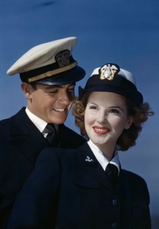 SAL38441241 Close-Up of a Young Couple Smiling in US Naval Uniforms Poster Print - 18 x 24 in.