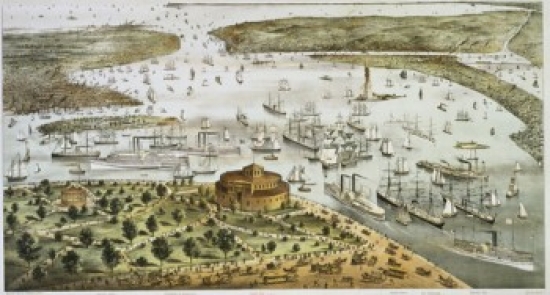 SAL9001273 The Port of New York Birds Eye View of the Battery Looking South Currier & Ives a 1857-1907 American Color Poster Print - 18 x 24 in.