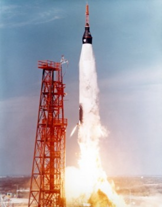 USA Florida Cape Canaveral Low Angle View of a Rocket Taking Off From a Launch Pad Mercury-Atlas 5 November 29 Poster Print - 18 x 24 in.