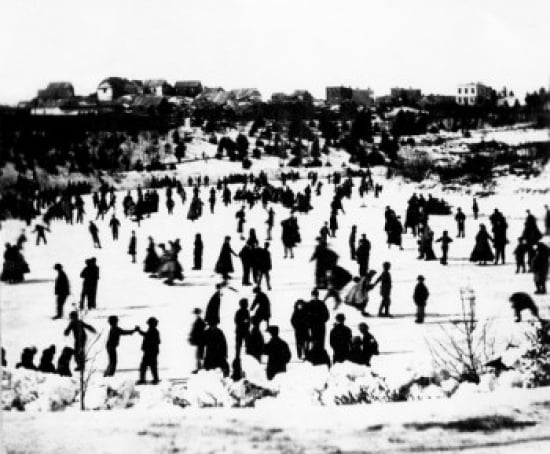 USA New York State New York City Manhattan Central Park People on Ice Rink Poster Print - 18 x 24 in.