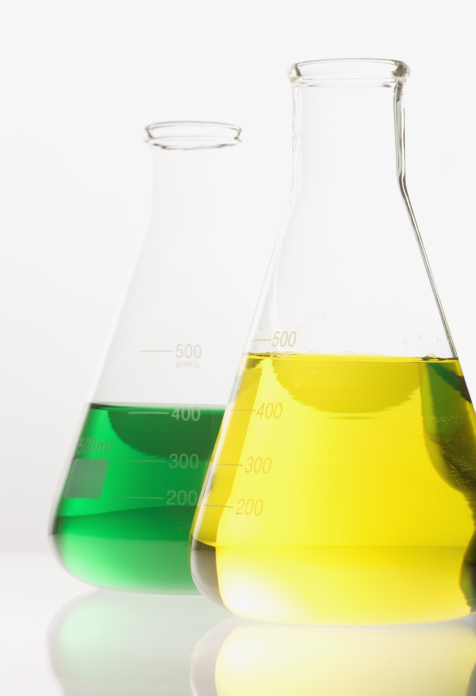 Two Glass Flasks with Colored Solutions Poster Print by Kelly Redinger - 12 x 18