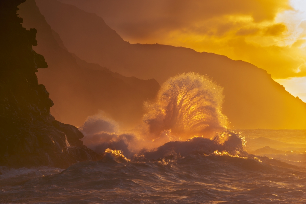 DPI12291525LARGE Surf Crashes On The Na Pali Coast At Sunset - Kauai Hawaii United States of America Poster Print by Carl Johnson, 38 x 24 - Large