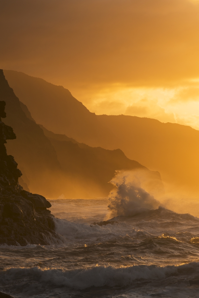 DPI12291526 Surf Breaks On The Na Pali Coast At Sunset - Kauai Hawaii United States of America Poster Print by Carl Johnson, 12 x 19