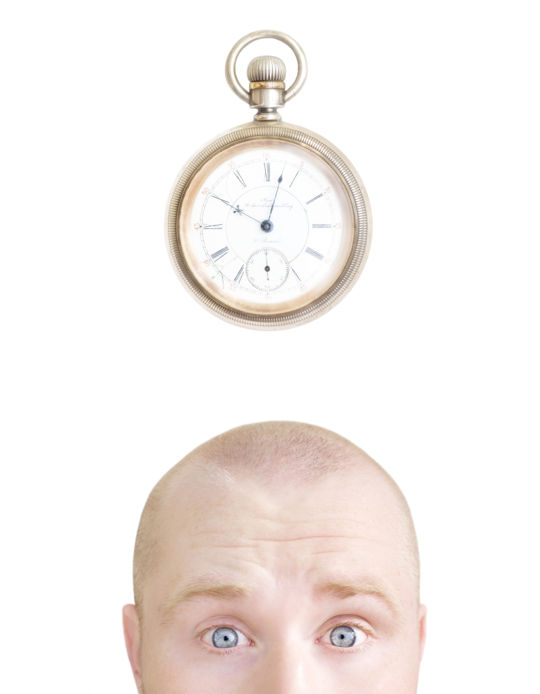 DPI1820377 Part of A Mans Head & A Stop Watch Poster Print by Chris & Kate Knorr, 13 x 17