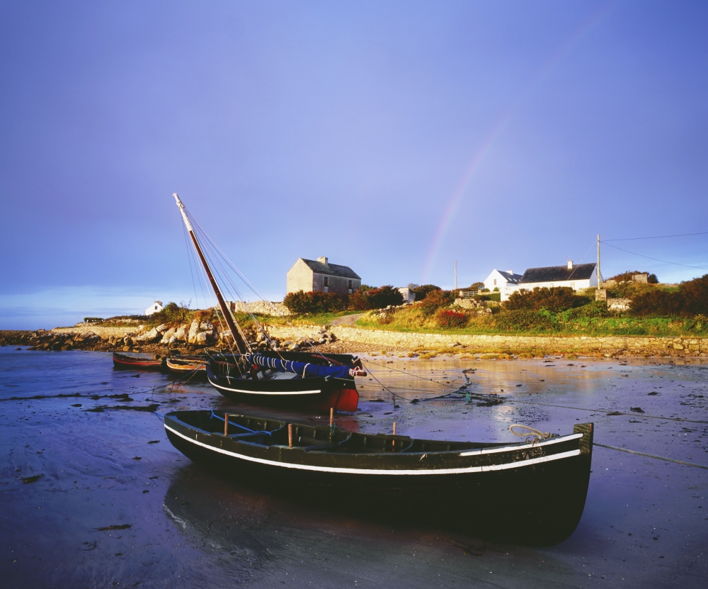 Roundstone Connemara County Galway Ireland - Boats in Harbour with Rainbow Poster Print by The Irish Image Collection - 16 x 13