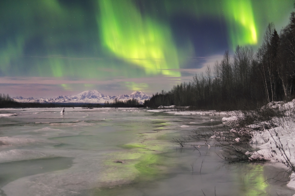 Aurora Borealis Over Frozen Susitna River with Mt. Foraker & Mt. Hunter in The Background Poster Print by Carl Johnson, 19 x 12